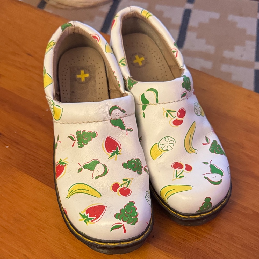 Dr. Martens White Fruit Print Clogs